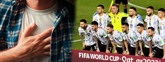 de un lado de la imagen se ve a la seleccion argentina de futbol rumbo a qatar 2022, del otro lado se puede ver a un hincha con su mano en el pecho